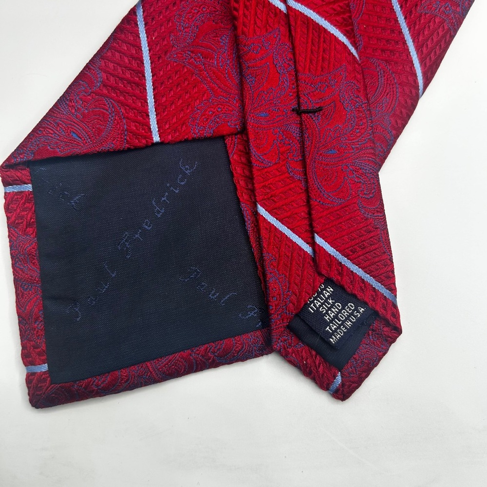 Paul Fredrick Mens Red Blue Paisley Striped Italian Silk Hand Tailored Tie USA - Picture 4 of 5